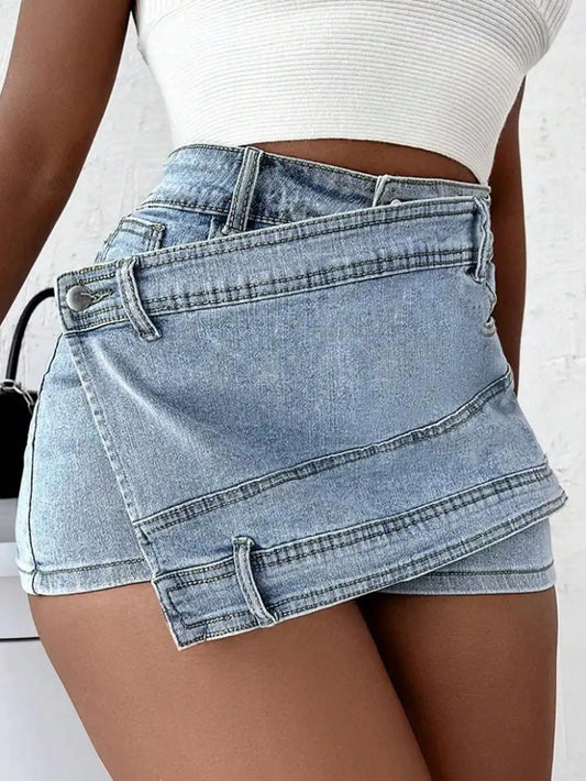 2023 Women Fashion Denim Mini Skort Rave Street Wrap Stretch Irregular A-Line Skinny Cargo Jean Shorts Mujer