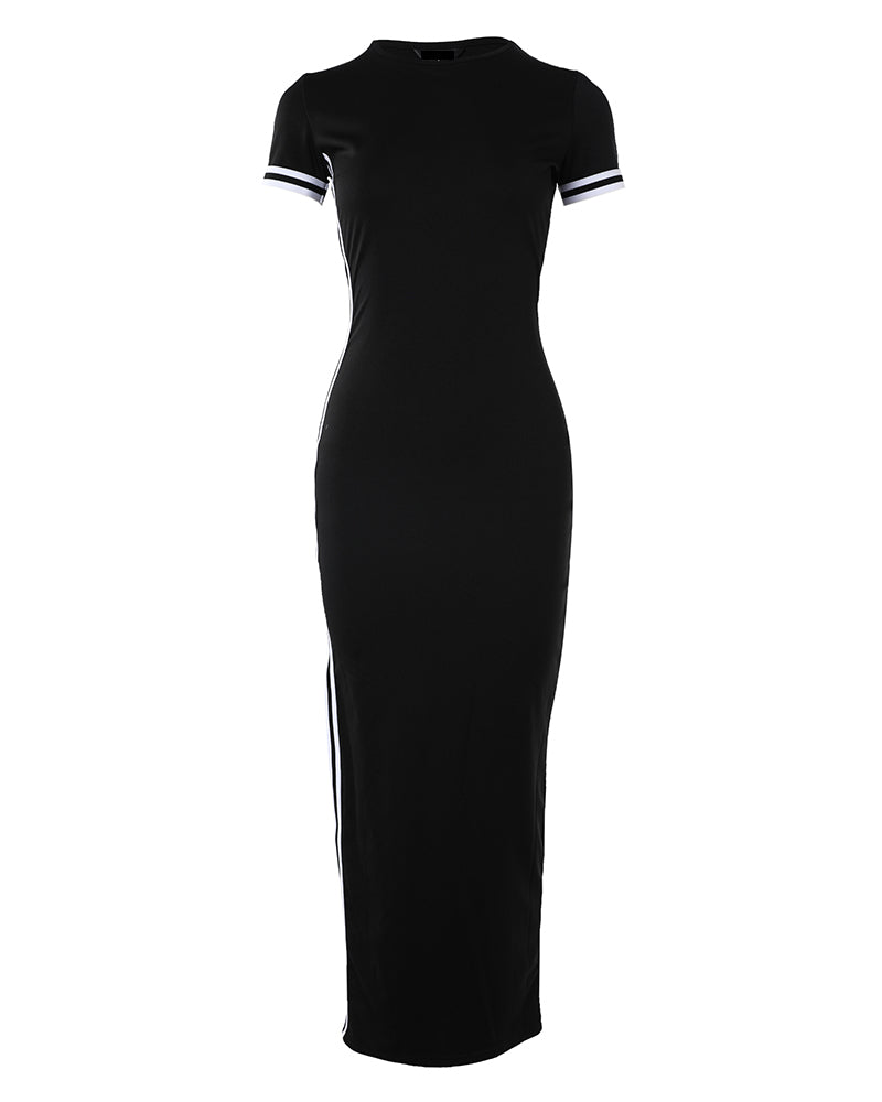 Womens Dresses Spring Fashion Striped High Slit Casual 0-Neck Short Sleeve Daily Skinny Maxi A-Line Dress Woman Clothing