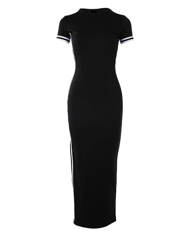 Womens Dresses Spring Fashion Striped High Slit Casual 0-Neck Short Sleeve Daily Skinny Maxi A-Line Dress Woman Clothing