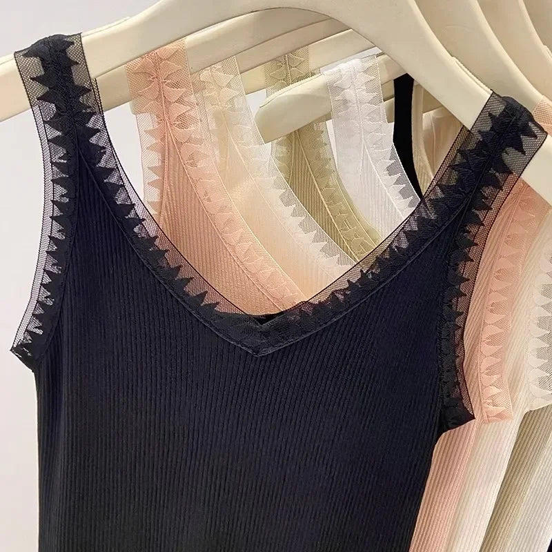 Women Summer Fashion Thin Knitted Undershirt Sleeveless Corset Top Half High Neck Comfortable Breathable Lace Tank Top 2025