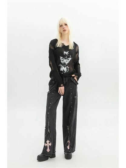 Women Clothing Black Gothic Jeans Pink Cross Y2k Oversize Loose Aesthetic Denim Trousers Harajuku Korean 2000s Jean Trashy Pants