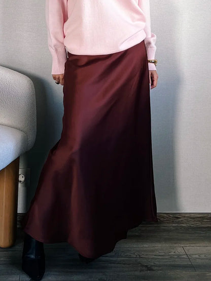 Long Black Satin Skirts Women For Work Summer Autumn Straight Brown Skirt Long Belt Coffee Formal Silk Maxi Skirt For Ladies