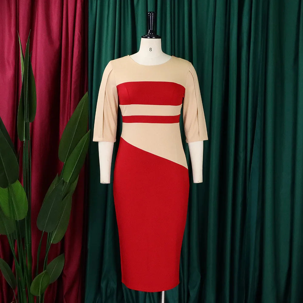 Elegant Church Dresses for Women 2023 New Arrivals Fashion Two Color Patchwork Fitted Ladies Knee Length Formal African Dress