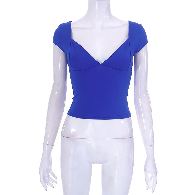 2000s  Tops for Women Fairy Grunge Clothes Sweet Solid Color V Neck Short Sleeve Tanks Aesthetic T Shirt Streetwear