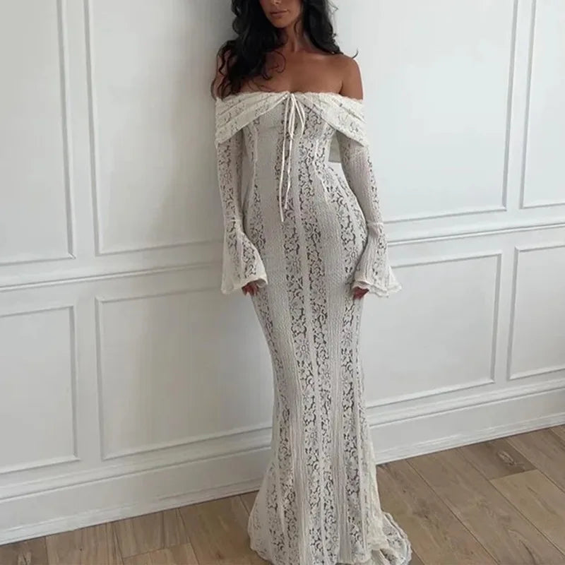 Women's Dresses New Sexy One-word Shoulder Lace Temperament Tube Top Long Dress Slim Fishtail Dress for Women