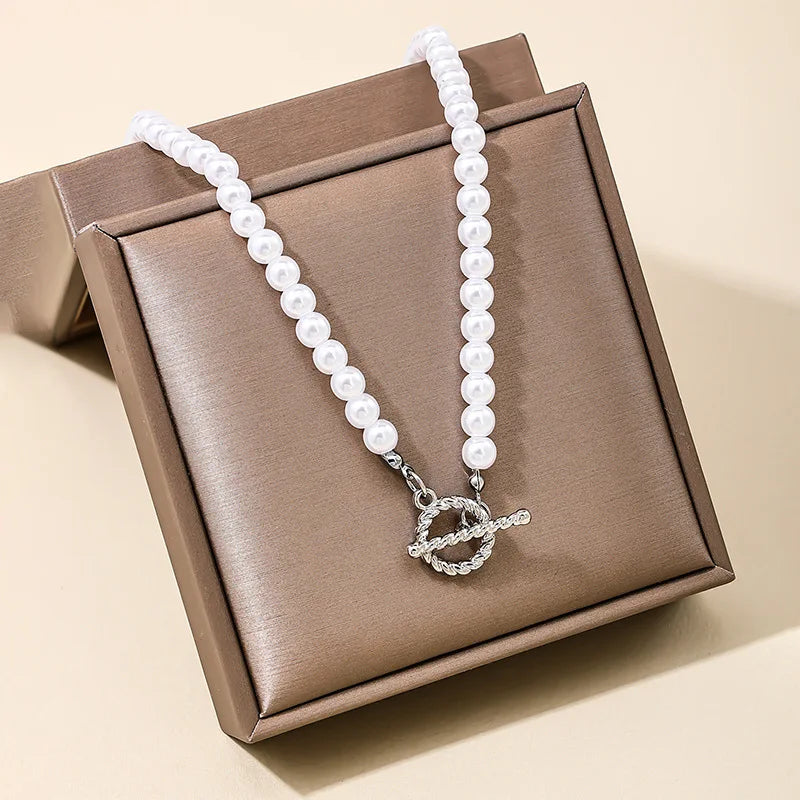 New Fashion Baroque Pearl Chain Necklace Women Collar Wedding Punk Toggle Clasp Circle Lariat Bead Choker Necklaces Jewelry