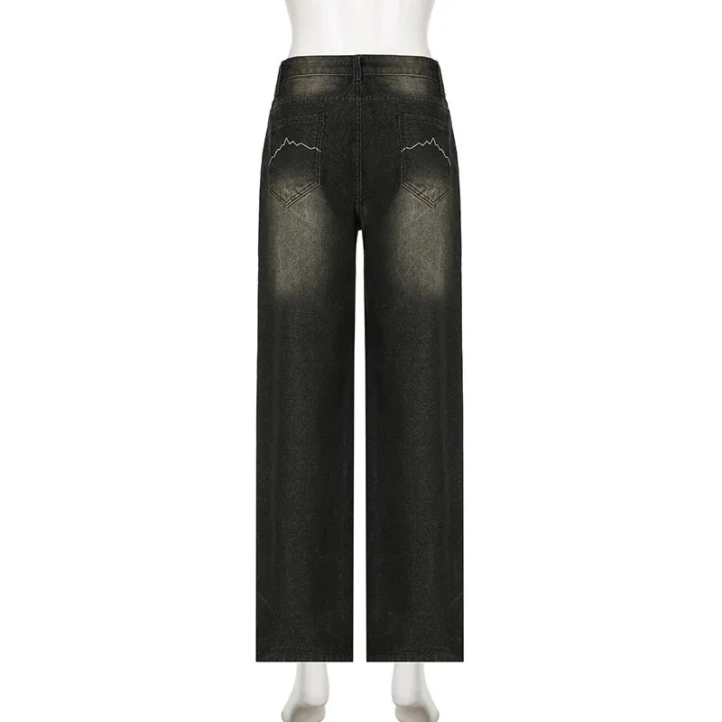 Low Waist Jeans for Women Goth Y2k Style Baggy Jeans Punk New Jeans Wide Leg Denim Pants Kpop Casual Loose Streetwear