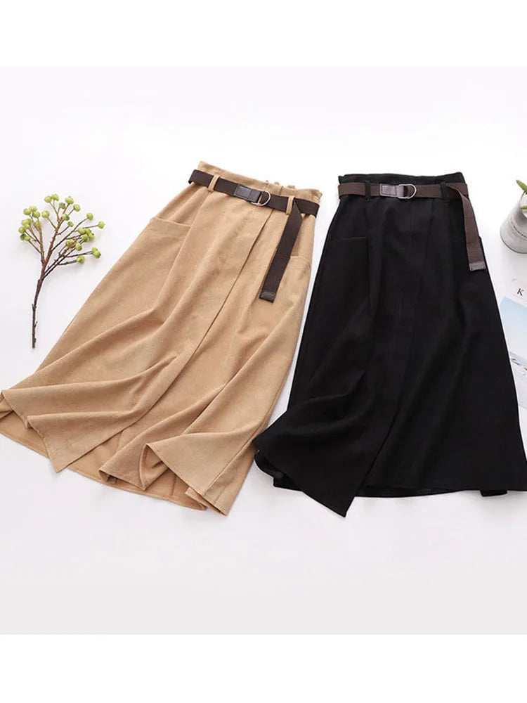 Women Casual Skirts Spring And Autumn Solid High Waist Irregular Pockets Midi Skirts Fashion Simple Elegant Saia Faldas