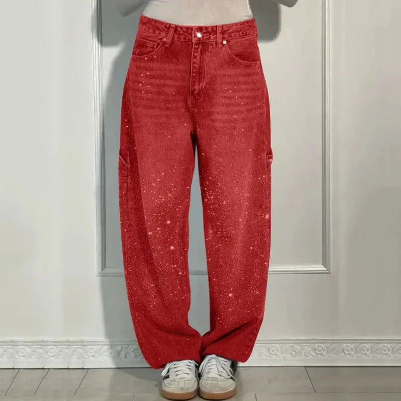 New Women Casual Hot Drilling Jeans Autumn Winter Cowboy Trousers High Waist Button Pockets Fashion Female Loose Straight Pants