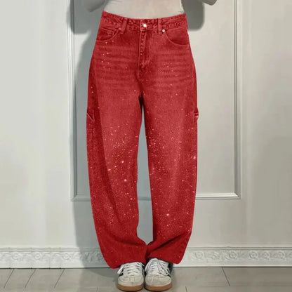 New Women Casual Hot Drilling Jeans Autumn Winter Cowboy Trousers High Waist Button Pockets Fashion Female Loose Straight Pants