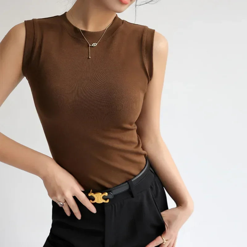 Women's Pure Cotton High Strecth Sleeveless Top Scoop Neck Breathable Solid Versatile Basic Camisole T-shirt Hot Tops for Women