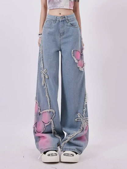 Denim Pants for Women Butterfly Gyaru Womens Jeans Embroidered 90s Loosefit 2025 Fashion Trousers Pant Cool Stretched Wide Leg Z