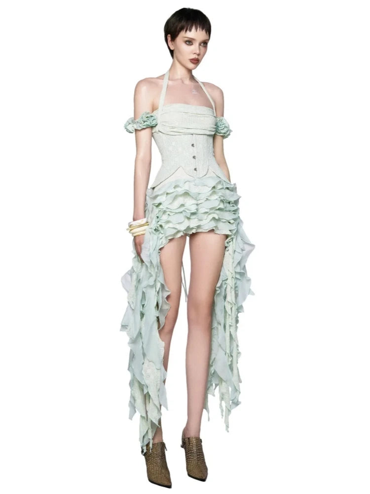 Women Ruffles Draped Dress Three Piece Sets Sexy Halter Neck Folds Ruffled Dress+Lace-up Corset Top+Shorts Suits Party Cocktail