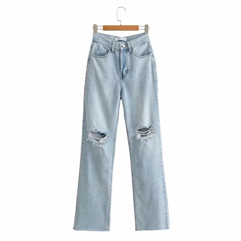 MiuKoMiYa Ripped Jeans For Women 2023 Streetwear Straight Denim Pants High Waist Long Denim Trousers Women Hollow Out Jeans