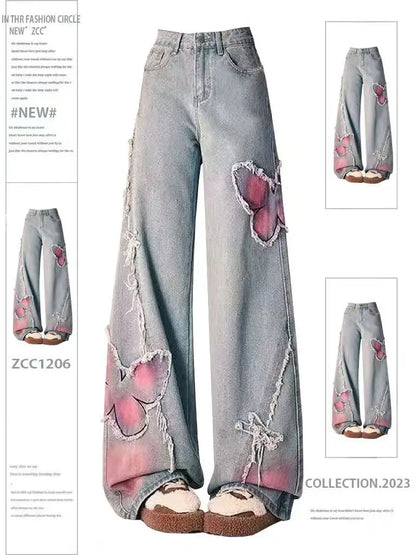 Women Clothing Black Gothic Jeans Pink Cross Y2k Oversize Loose Aesthetic Denim Trousers Harajuku Korean 2000s Jean Trashy Pants