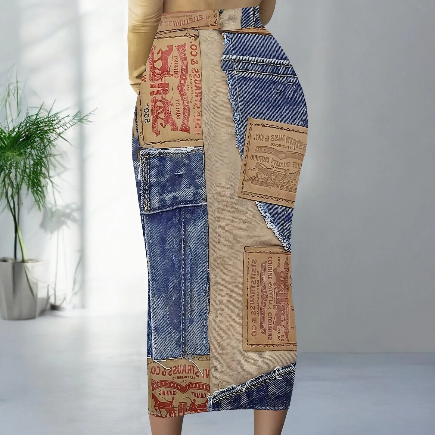 Womens Long Cotton Patchwork Stretch Denim Skirt a Line Flared Jean Maxi Skirt
