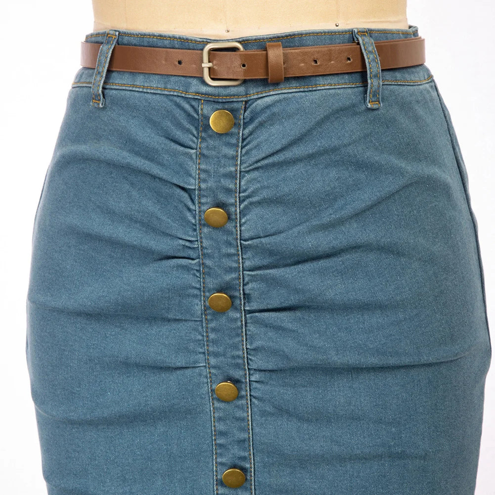 BP Women Vintage Jean Skirt With Belt High Waist Ruched Front Bodycon Skirt