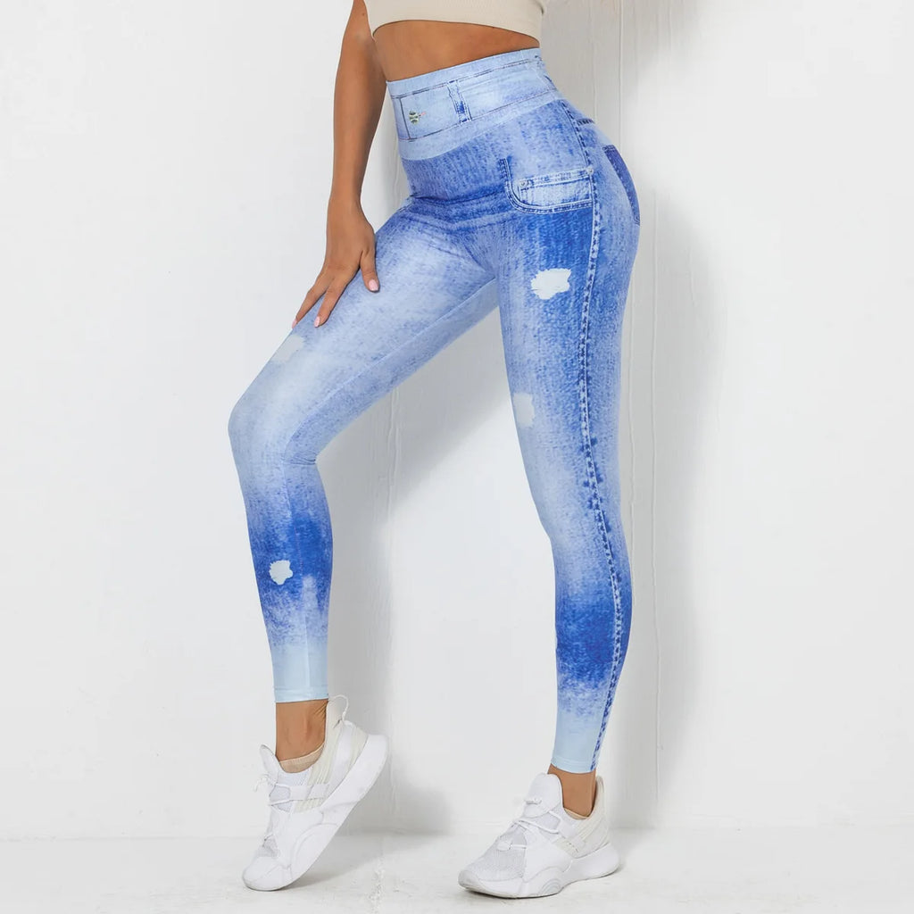 Push Up Yoga Pants Women Fitness Leggings Imitation Jeans Patchwrok Scrunch Tights High Waist Leggings Gym Workout Sport Leggins