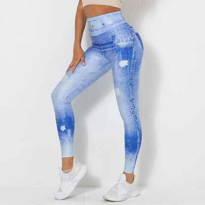 Push Up Yoga Pants Women Fitness Leggings Imitation Jeans Patchwrok Scrunch Tights High Waist Leggings Gym Workout Sport Leggins