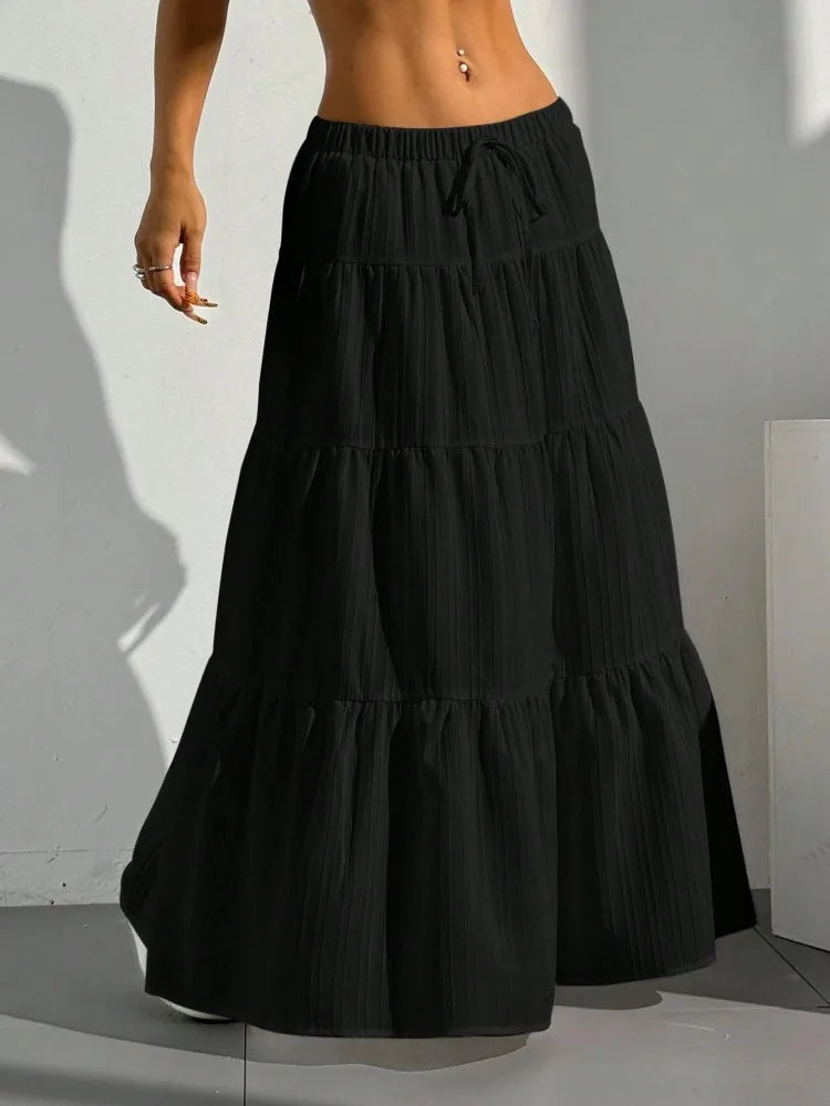 Joskaa Elegant White Skirt Women Hipster Lace-Up Elastic Waist Big Swing Skirts 2025 Summer Female Bottoms Holiday Beachwear