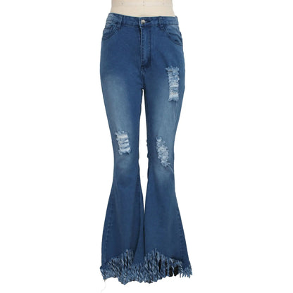 Jeans Women Long Pants Flare Pant Slim Fit Bodycon Y2k Streetwear Casual Elegant Splice Denim Trousers Solid Hole High Waist