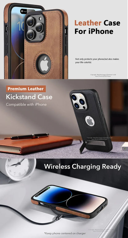 Leather Kickstand Phone Cases for iPhone 15 13 Pro Max 14 Plus 12 11 Mobile Case Shockproof Flexible Soft Grip Luxury Back Cover