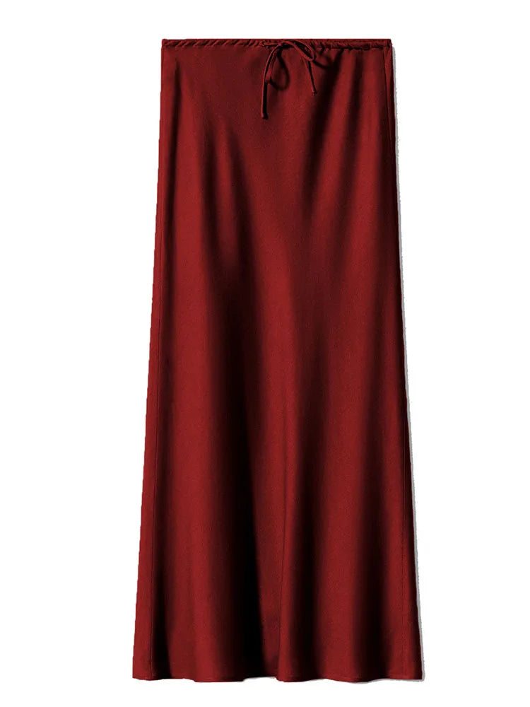 Long Black Satin Skirts Women For Work Summer Autumn Straight Brown Skirt Long Belt Coffee Formal Silk Maxi Skirt For Ladies