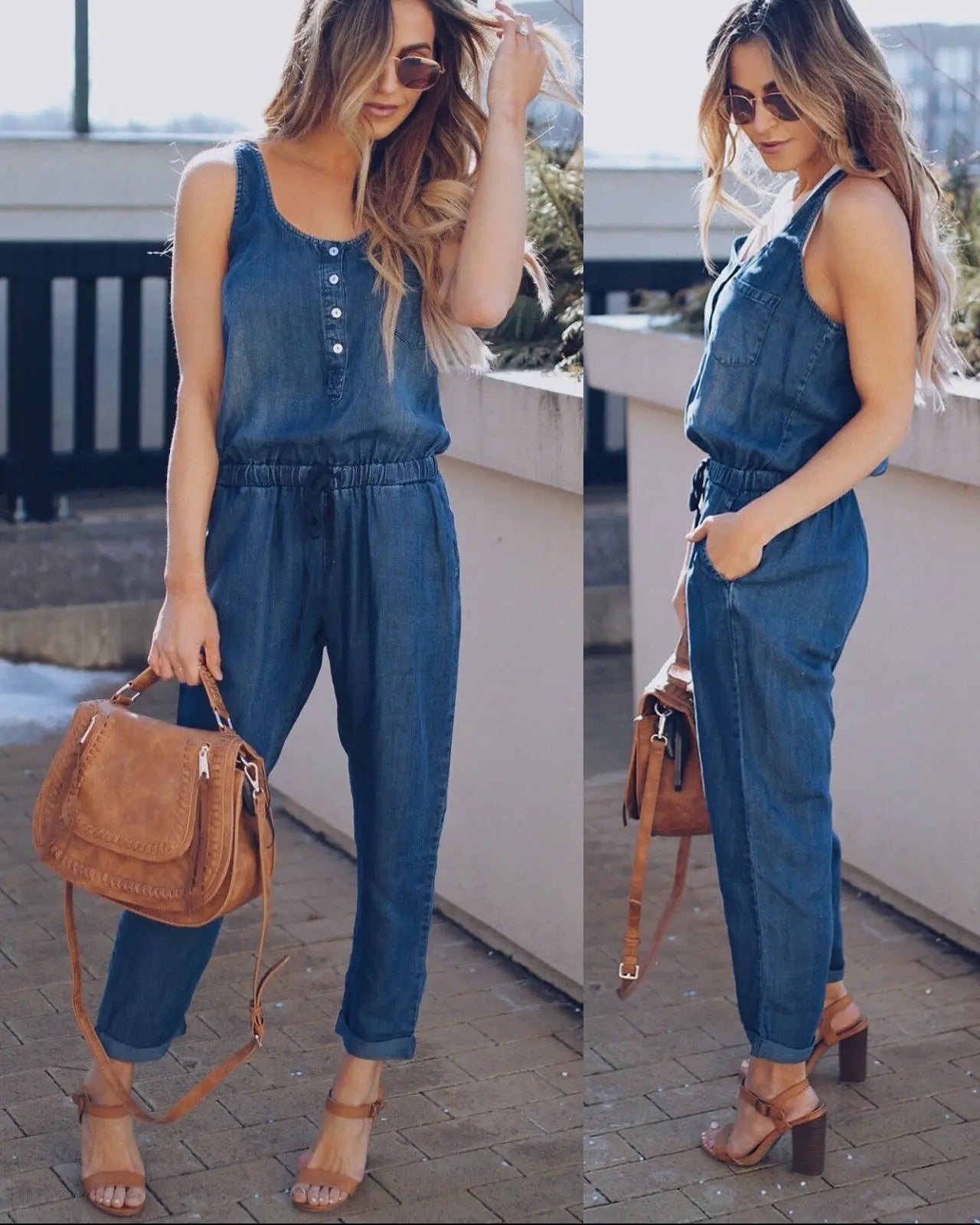Women's Summer Jeans Jumpsuit V Neck Sleeveless Vest Waist Slim Fashion Drawstring Denim Long Jumpsuit Lady Vest
