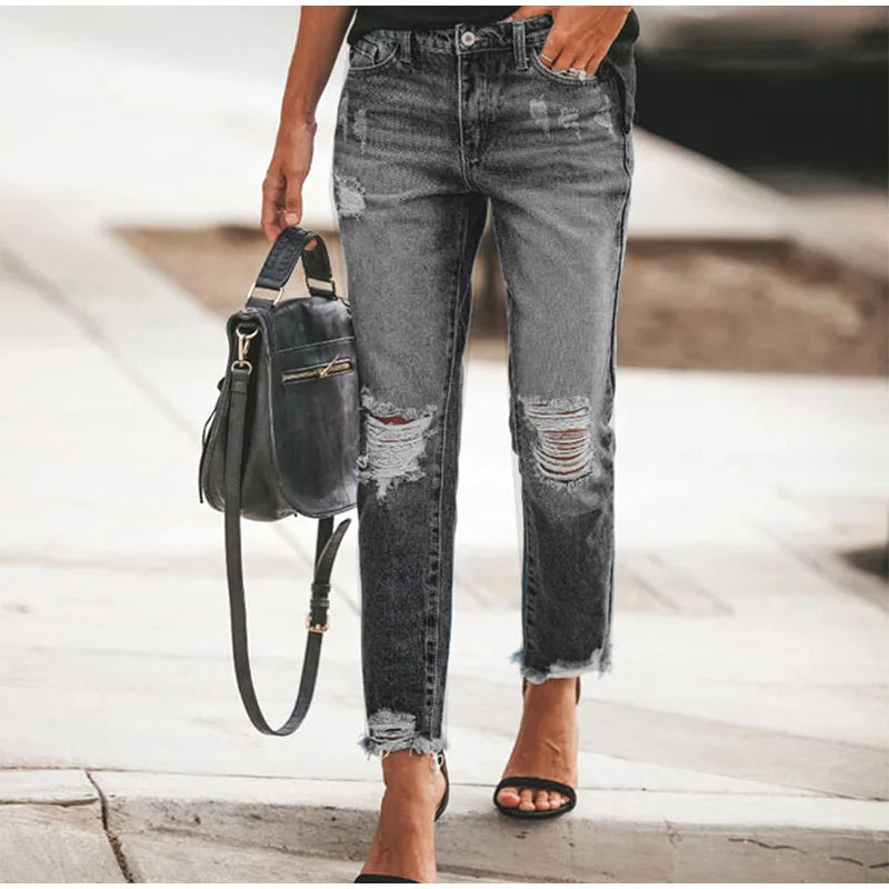 Women‘s Fashion Straight Jeans Casual High Waisted Washed Skinny Trousers Ripped Slim Pants For Lady Commuter 2025 Fashion Trend