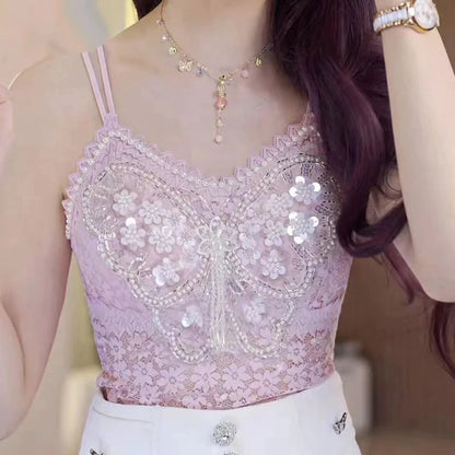 Women Clothing Heavy Beading Floral Tank Sexy Crop Tops Ropa Mujer Lace Butterfly Top Navel Baring Sexy Cropped Top Summer Camis