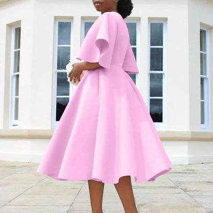 Dress Women Sexy Dresses White Round Neck Flare Sleeve Party Sheath Pleated High Waist Work Elegant Bodycon Mid Length Vestidos