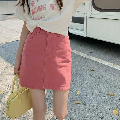 JMPRS Sweet Pink Women Denim Skirts High Waist Student A Line Korean Solid Mini Skirt Causal Summer Vintage Ladies Jeans Skirt