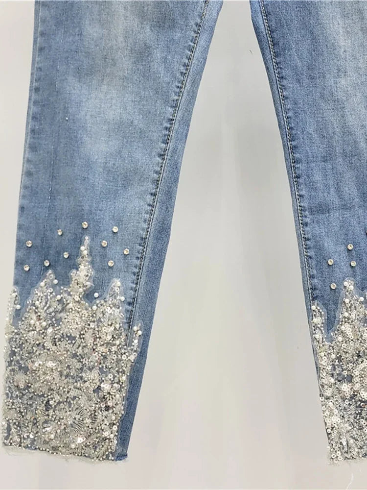 Women's Jeans High Waist Slim Hollow Out Lace Flowers Sequins Stretch Denim Pencil Pants 2025 Summer New Fashion