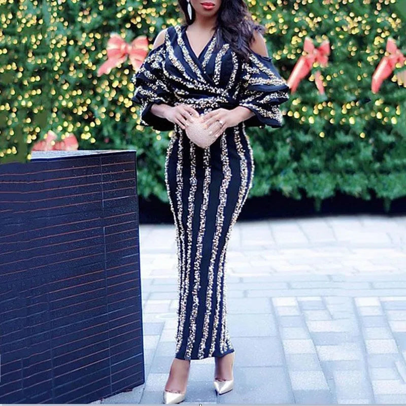 2021 new style women's evening full dress fashion V neck black full dresses for women bridesmaid dress  Vestidos