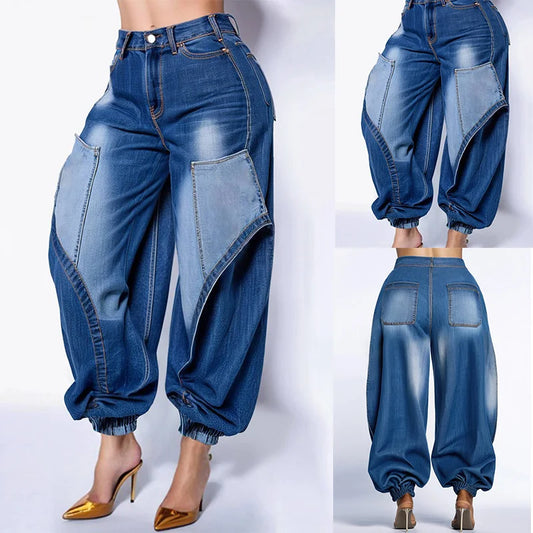 Plus Size Women's Jeans Cargo Pants High Waist Blue Jogging Denim Pants with Pockets 2025