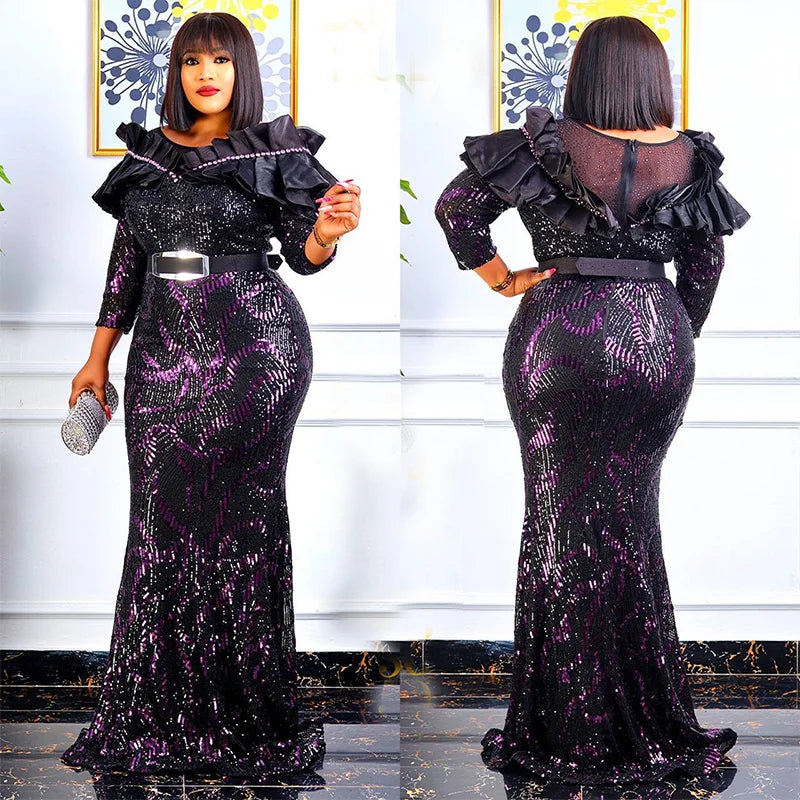 African Dresses For Women 2022 Lady Elegant Glittering Evening Dress Sparkle Sequin Sexy Sheath Maxi Party Gowns Come With Belt