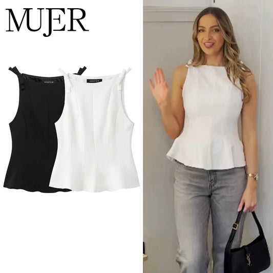 MUJER White Bow Sleeveless Tops for Women Black off Shoulder Top Female Spring Casual Tank Tops Woman 2025 Pleated Women's Tops