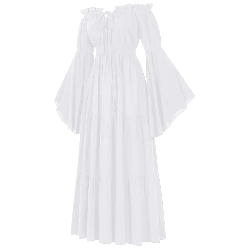 Women Renaissance Irish Dress Off Shoulder Medieval Peasant Dress Pirate Costume Wench Retro Gown Smocked Waist Maxi Long Dress