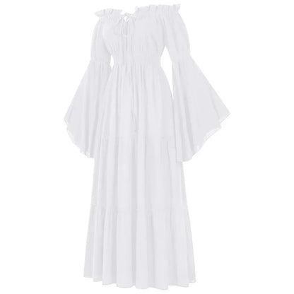 Women Renaissance Irish Dress Off Shoulder Medieval Peasant Dress Pirate Costume Wench Retro Gown Smocked Waist Maxi Long Dress
