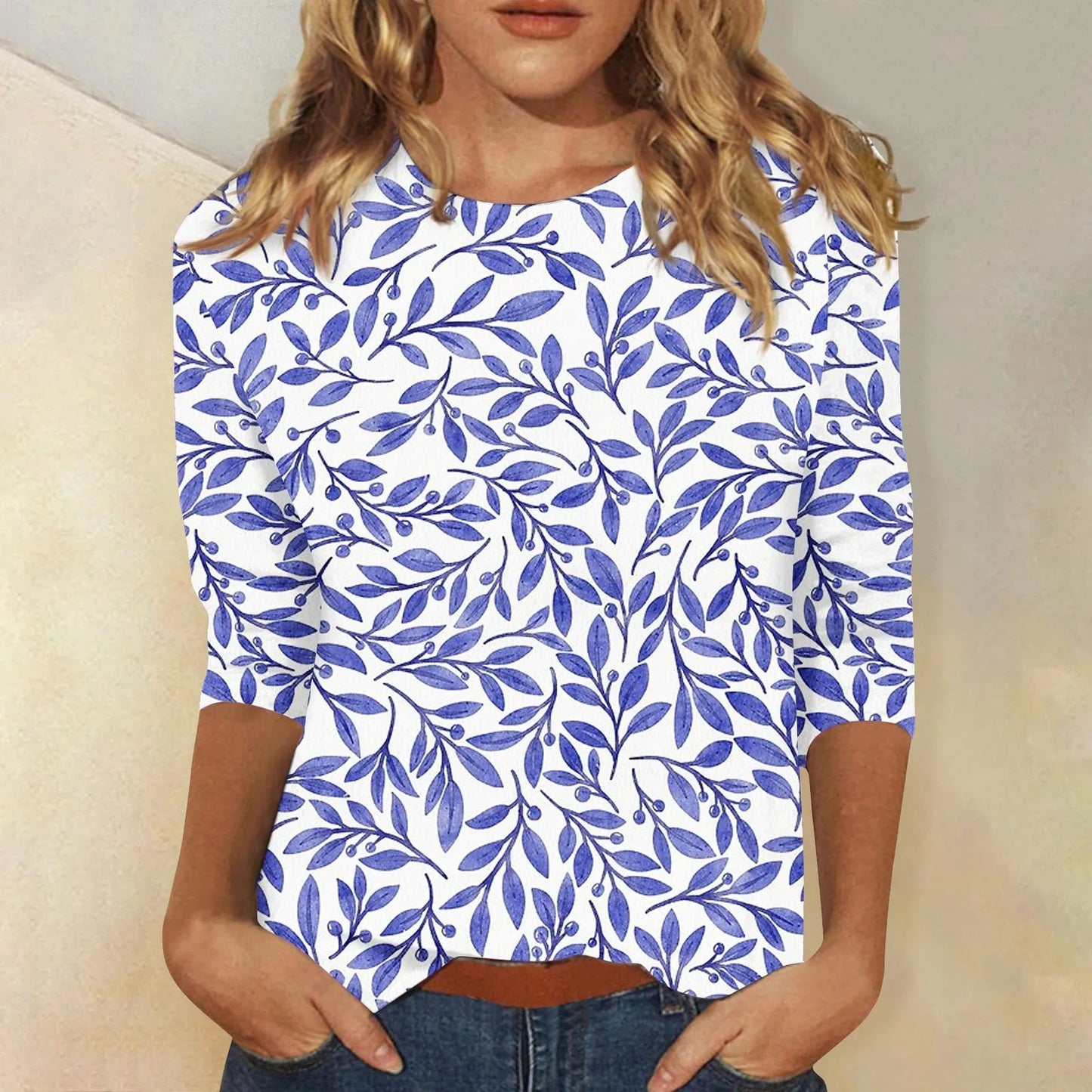 2024 Women Summer Tops Comfortable T Shirt Fashion Flower Print Round Neck 3/4 Sleeve Tops Soft Versatile Pullover Ropa De Mujer