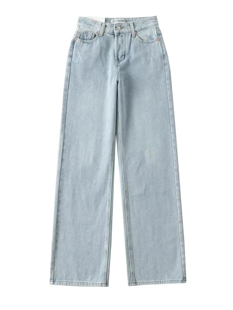 Blue Jeans Women High Waist 2025 Loose Casual Boyfriend Long Jeans For Work Ladies Simple Straight Leg Denim Pants For Women