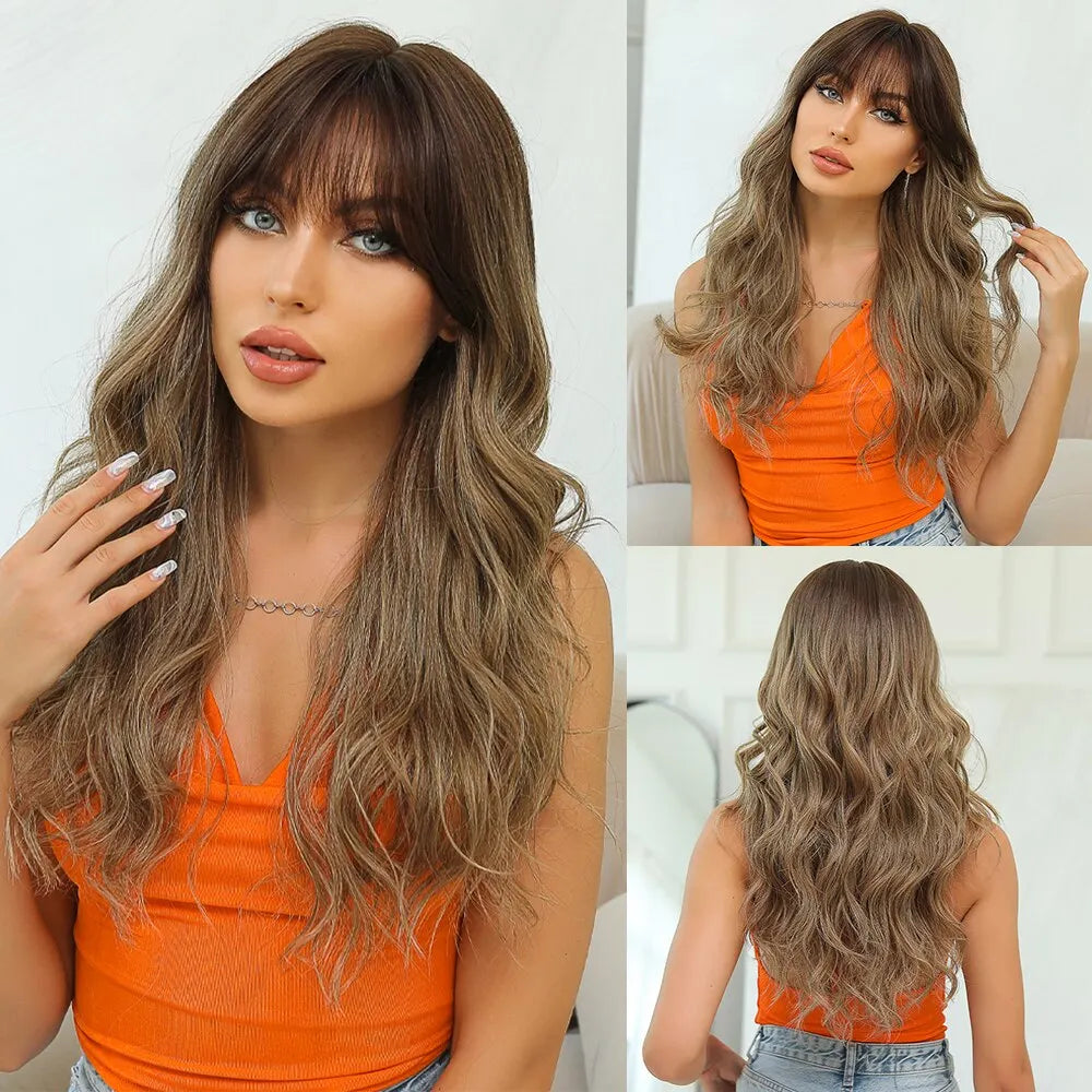 Ginger Curly Synthetic Wigs for Women Long Orange Wigs with Bangs Heat Resistant Hair Colored Party Cosplay Hair Wig