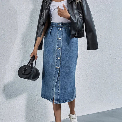 Women Streetwear Casual Pocket High Waist Straight Jean Skirts New Single Breasted Knee All-match Length Denim Skirt Female