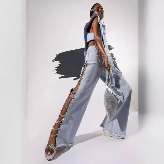 High Waist Ripped Jeans for Women Summer Thin Side Slit Pants Women Denim Long Jeans with Drill Chains Straight Wide-leg Jeans