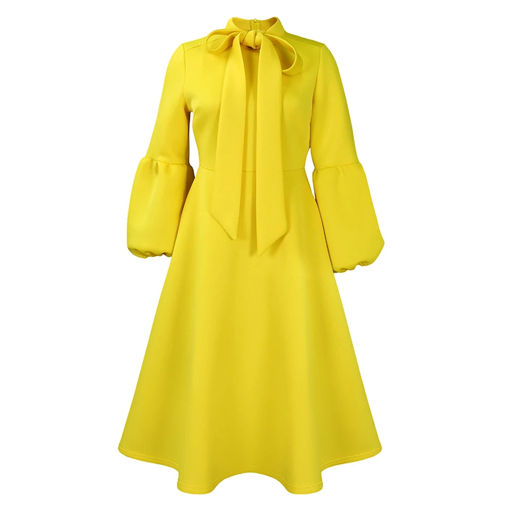 Elegant Dresses for Women Bow Collar Full Sleeve High Waisted A Line Mid Calf Luxury Female Birthday Party Dinner Vestidos Mujer