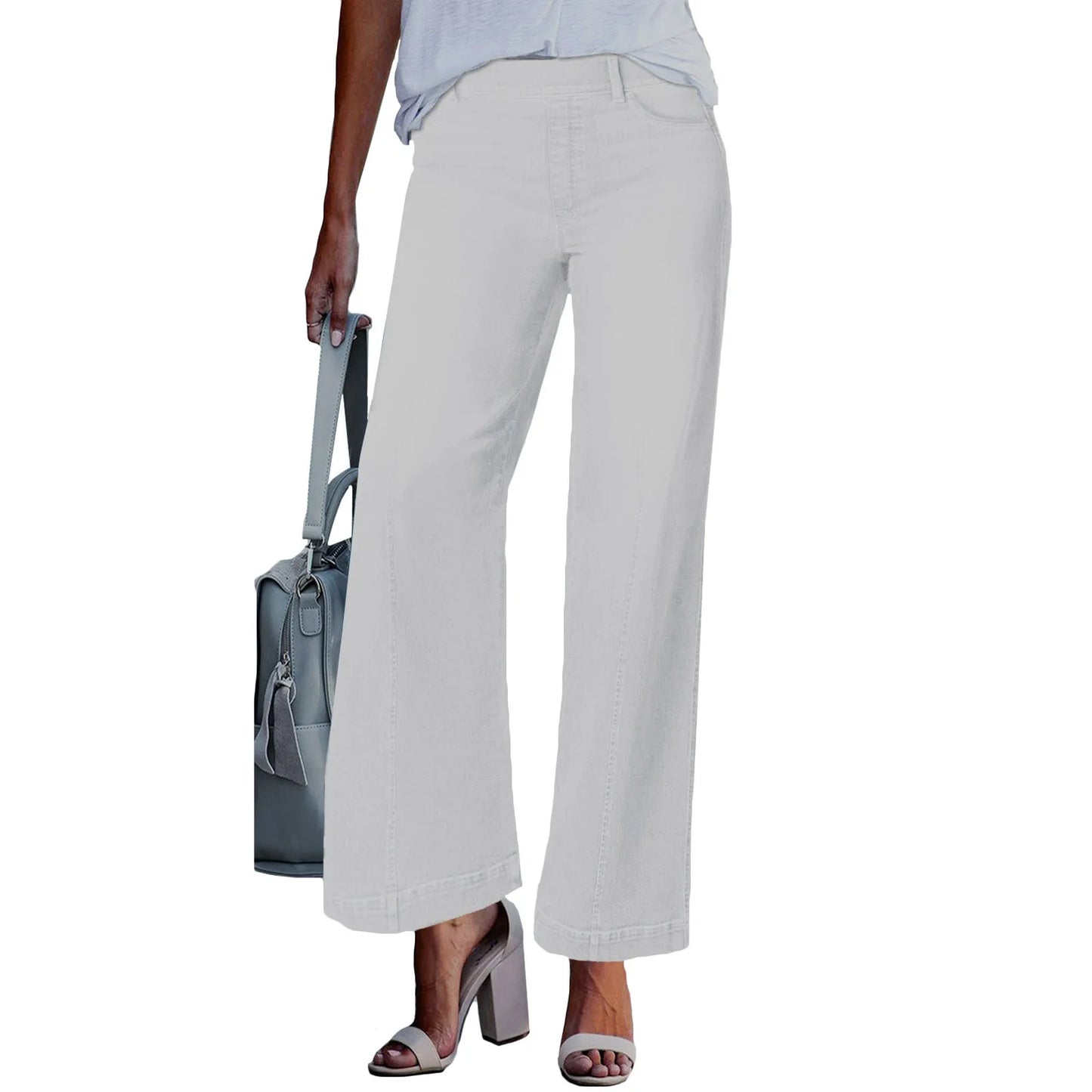 New Wide Leg Jeans For Women Seamed Front Wide Leg Jeans Solid Color Casual Fashion Straight Elastic Waist Trousers For Women