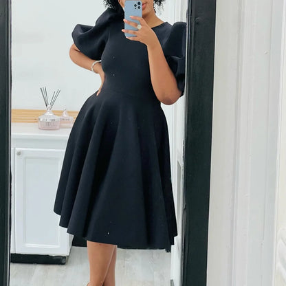 Elegant Dresses for Woman 2024 O Neck Short Sleeve High Waisted Pleated Mid Calf Luxury Female Birthday Party Dinner Vestidos