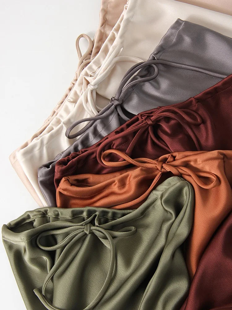 Long Black Satin Skirts Women For Work Summer Autumn Straight Brown Skirt Long Belt Coffee Formal Silk Maxi Skirt For Ladies