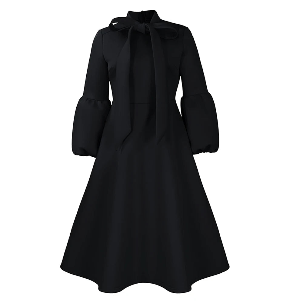 Elegant Dresses for Women Bow Collar Full Sleeve High Waisted A Line Mid Calf Luxury Female Birthday Party Dinner Vestidos Mujer