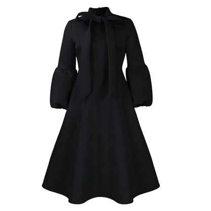Elegant Dresses for Women Bow Collar Full Sleeve High Waisted A Line Mid Calf Luxury Female Birthday Party Dinner Vestidos Mujer